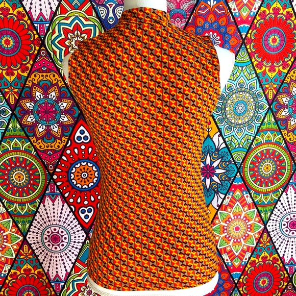 Y2K Mod Orange Patterned Mock Neck Sleeveless Top Sz 8-10 - Picture 3 of 5